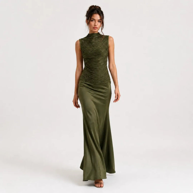 Sleeveless Fringe Bandage Top and Skirt Set-Green