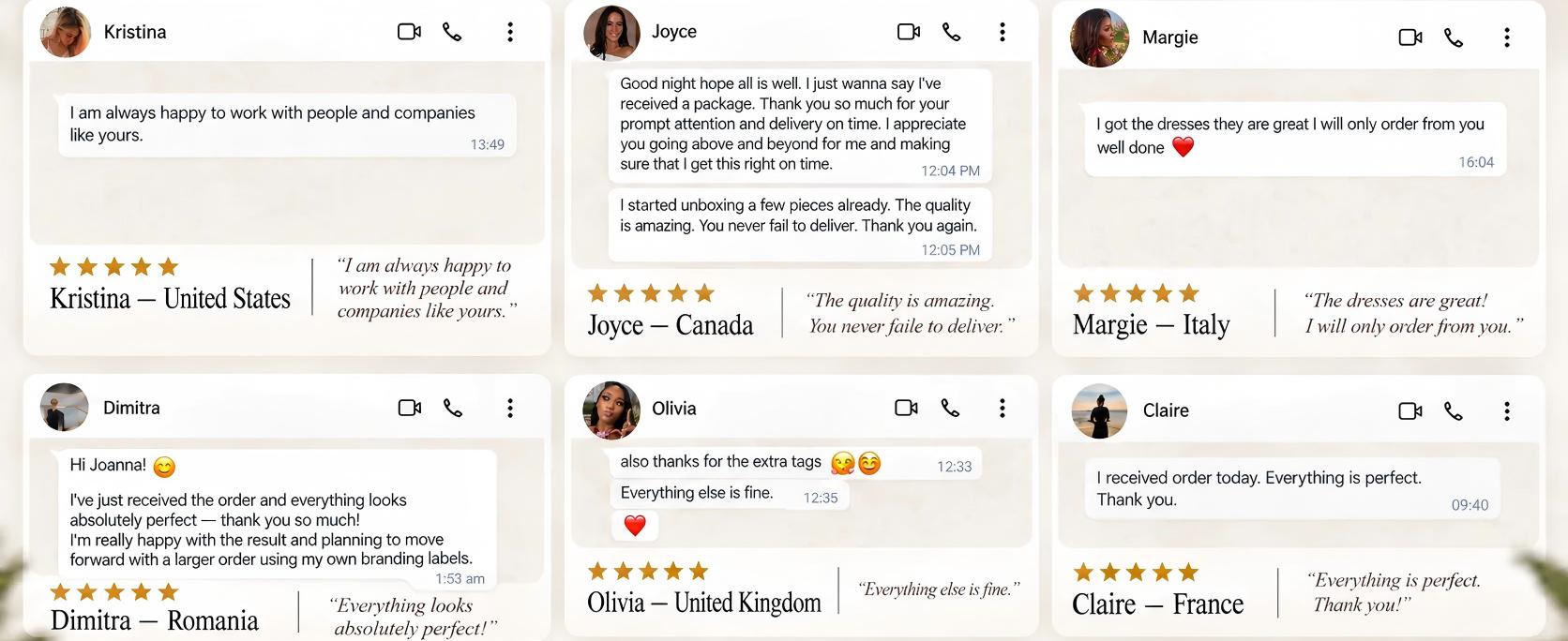 Six customer messages and reviews from boutique buyers