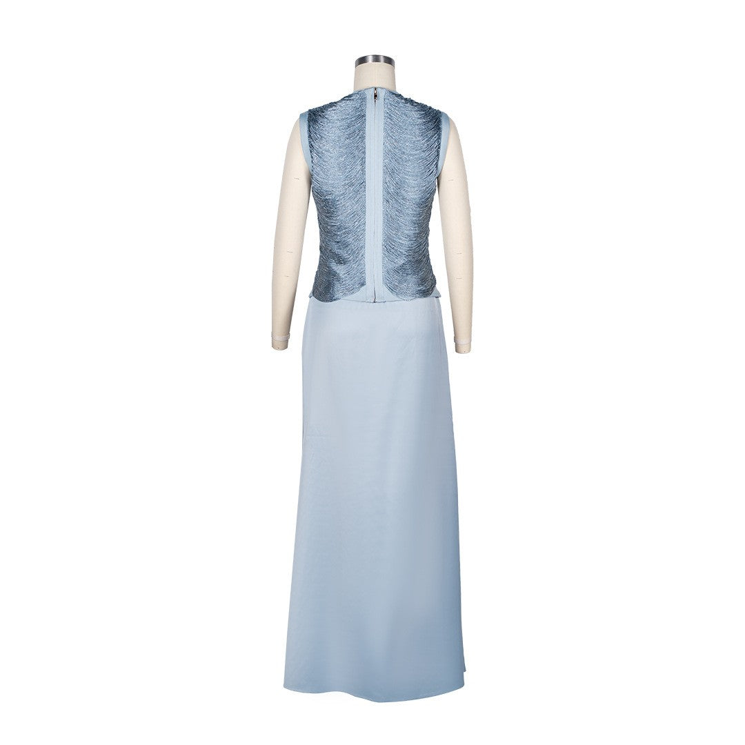 Sleeveless Fringe Bandage Top and Skirt Set-Blue