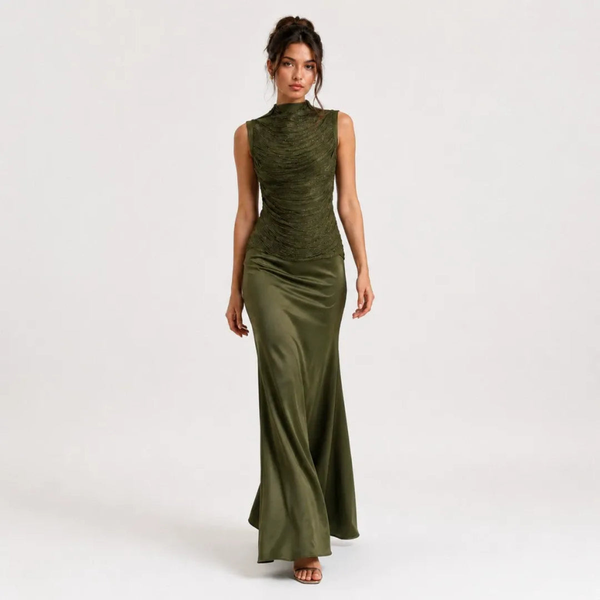 Sleeveless Fringe Bandage Top and Skirt Set-Green