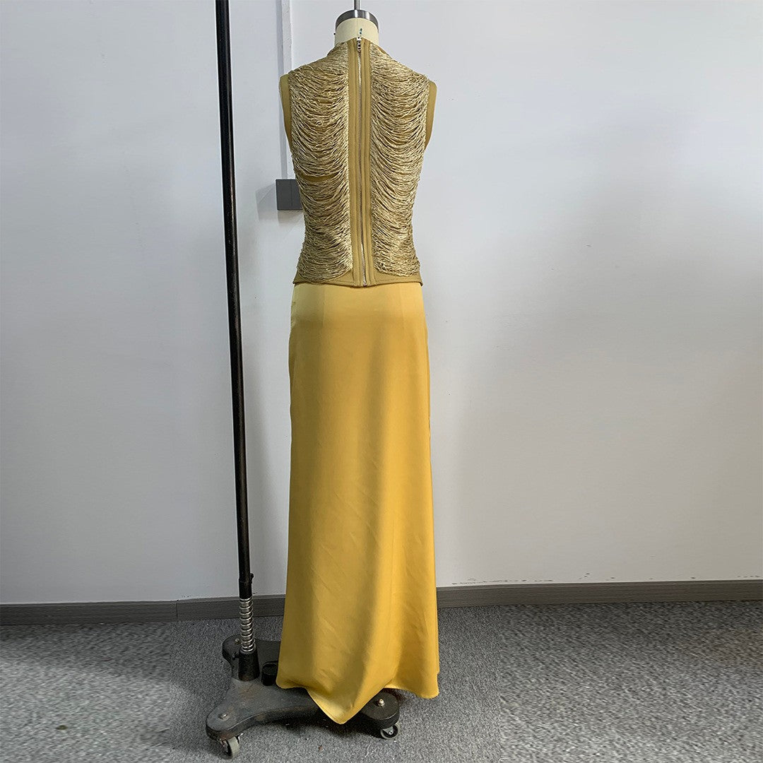 Sleeveless Fringe Bandage Top and Skirt Set-Yellow