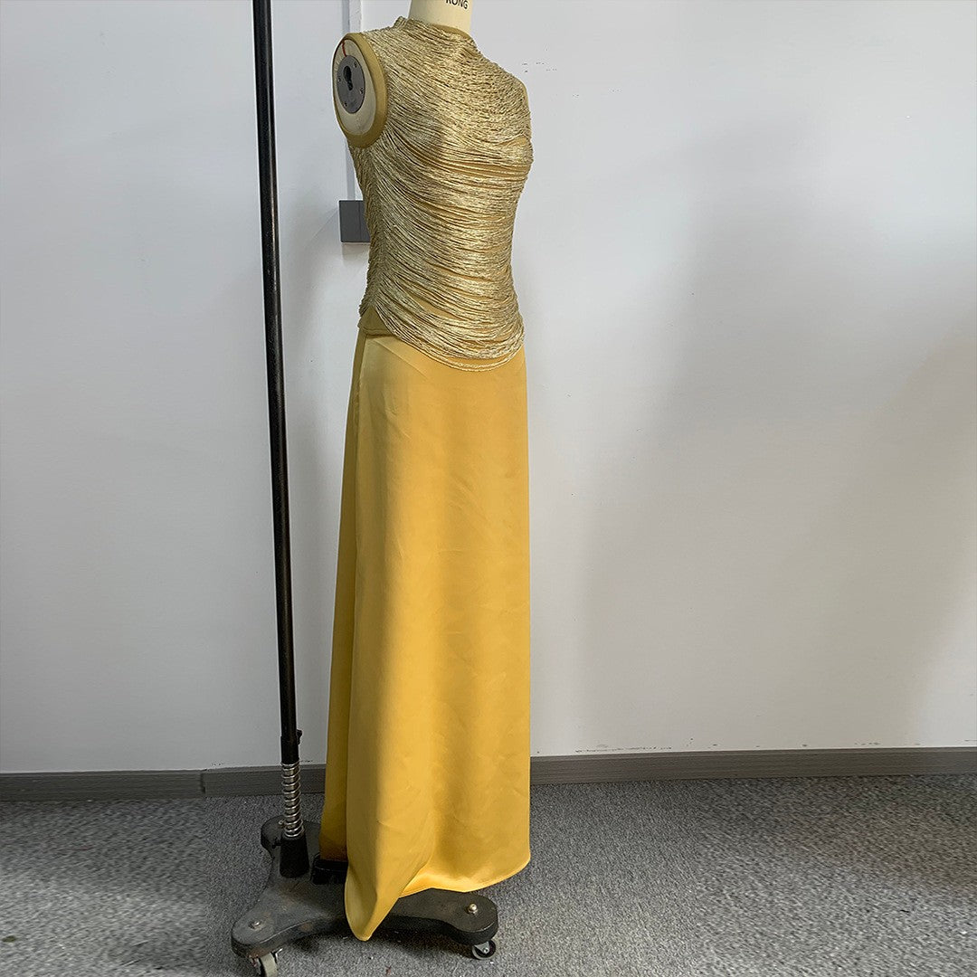 Sleeveless Fringe Bandage Top and Skirt Set-Yellow