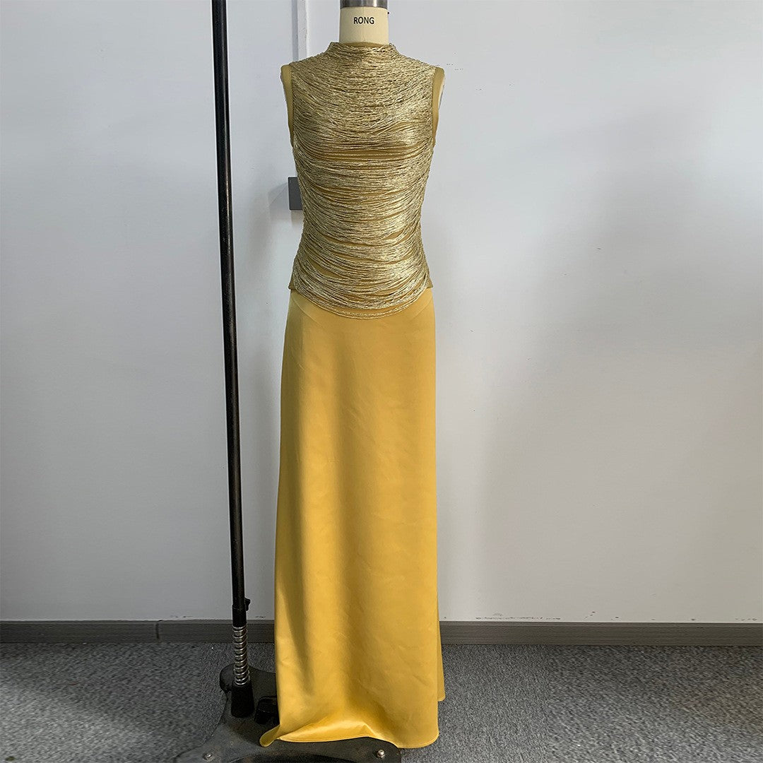 Sleeveless Fringe Bandage Top and Skirt Set-Yellow