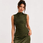 Sleeveless Fringe Bandage Top and Skirt Set-Green