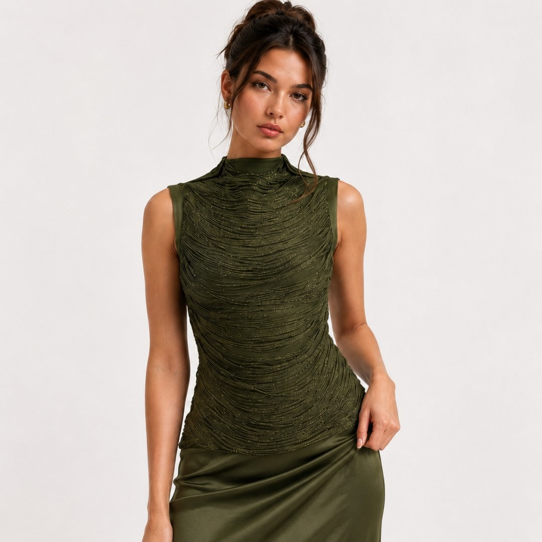 Sleeveless Fringe Bandage Top and Skirt Set-Green