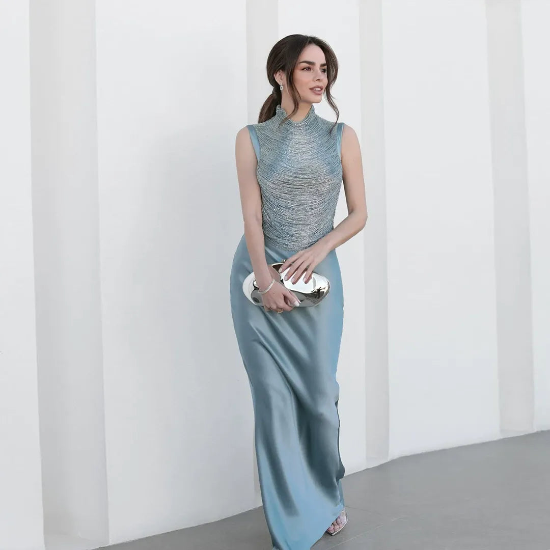 Sleeveless Fringe Bandage Top and Skirt Set-Blue