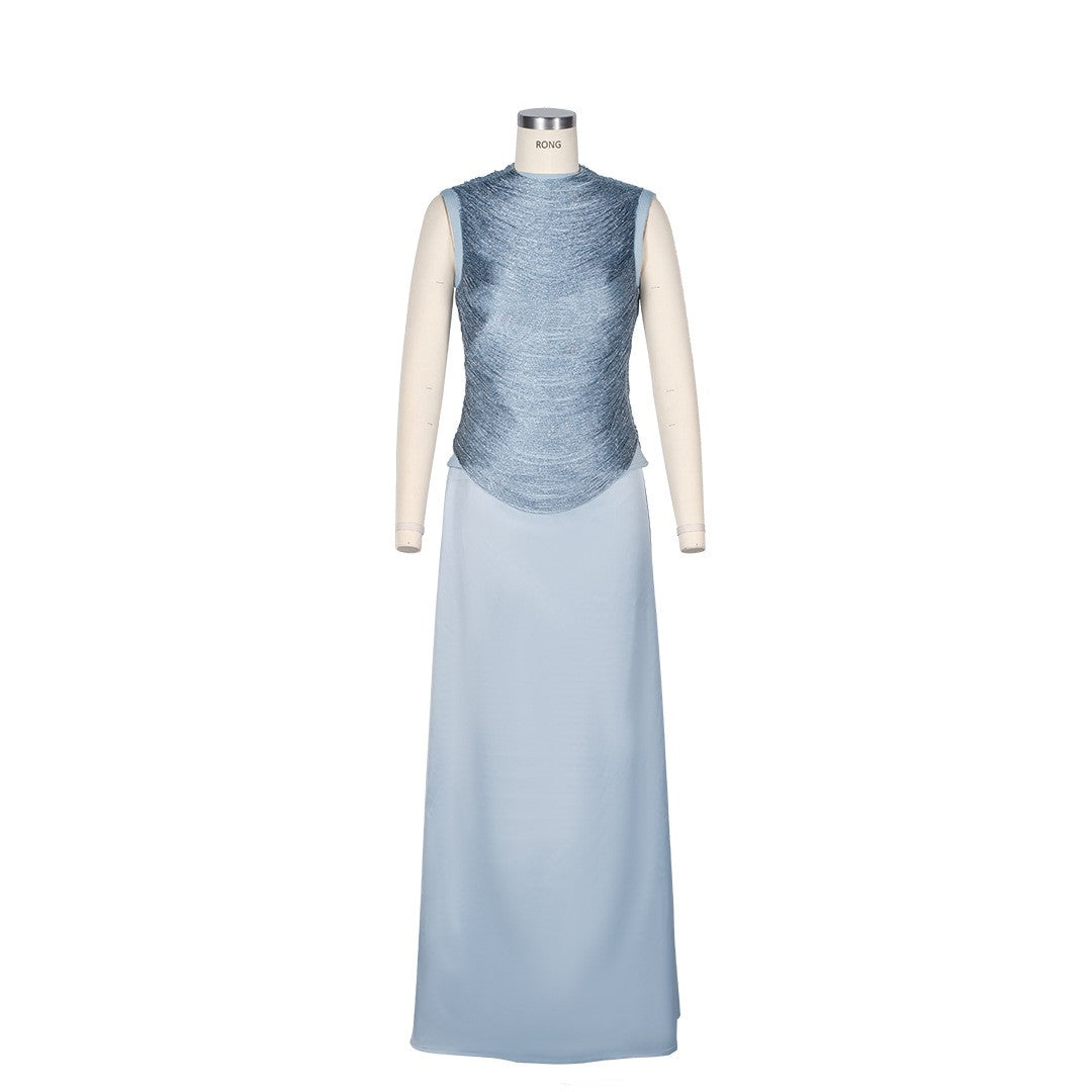 Sleeveless Fringe Bandage Top and Skirt Set-Blue