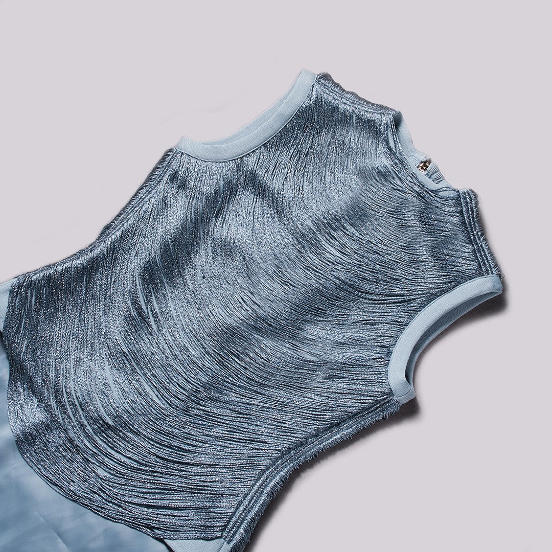 Sleeveless Fringe Bandage Top and Skirt Set-Blue