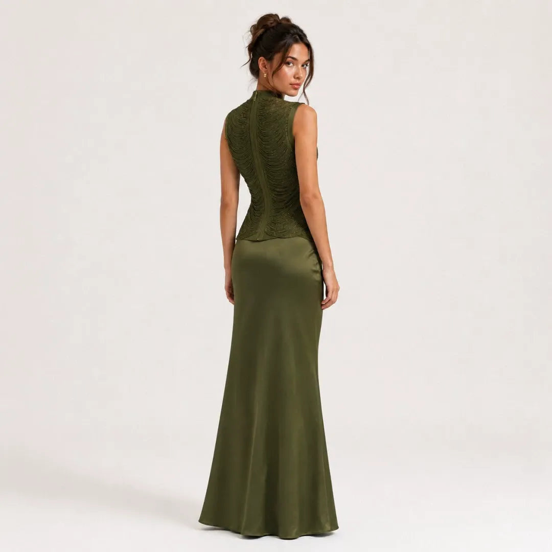 Sleeveless Fringe Bandage Top and Skirt Set-Green
