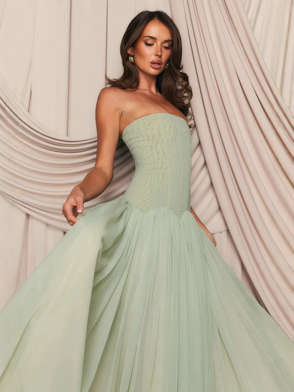 Strapless Mesh Princess Maxi Evening Gown - product view 2