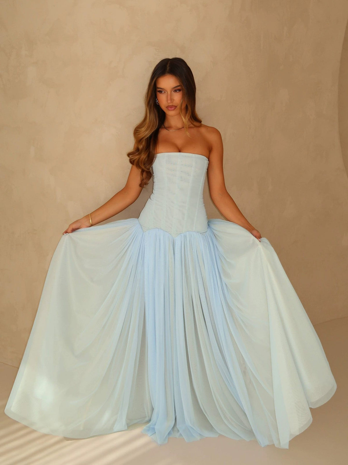 Strapless Mesh Princess Maxi Evening Gown - product view 4
