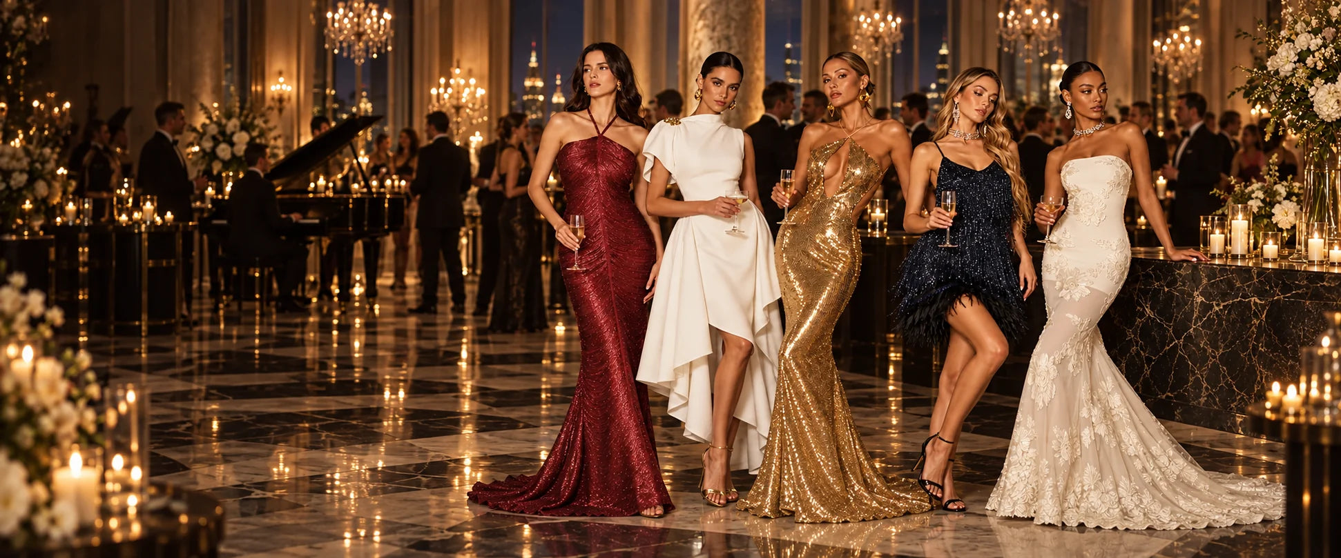 Women wearing elegant party and occasion dresses at an evening reception