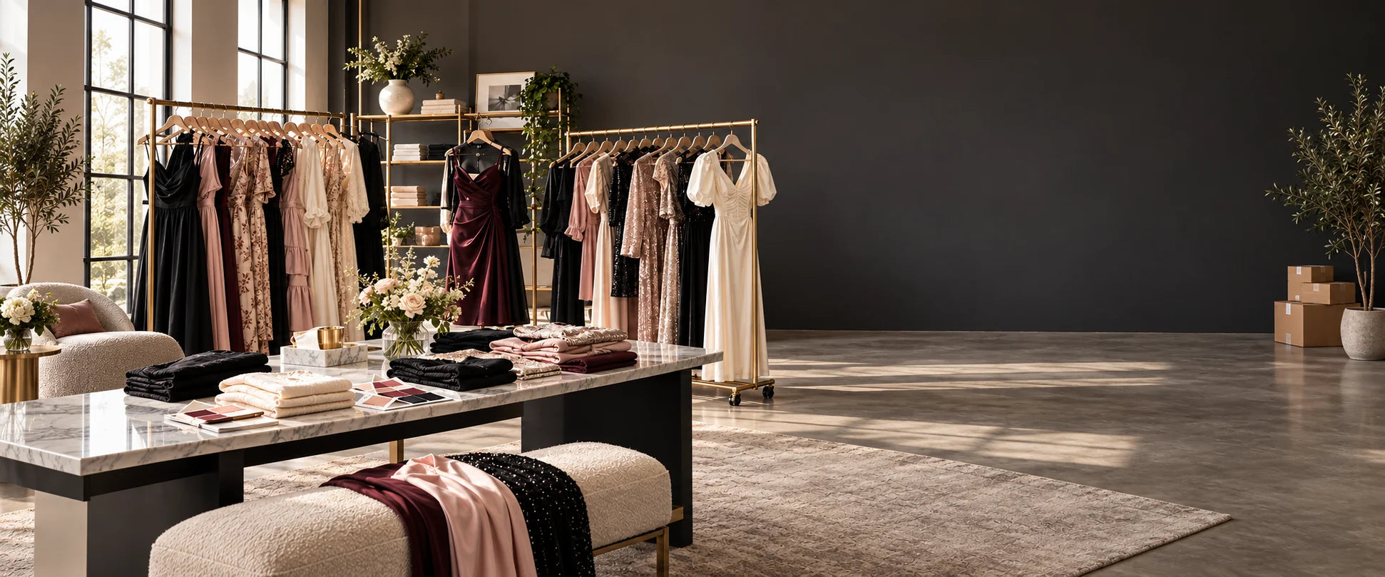 Curated mixed wholesale fashion selection in an organized showroom