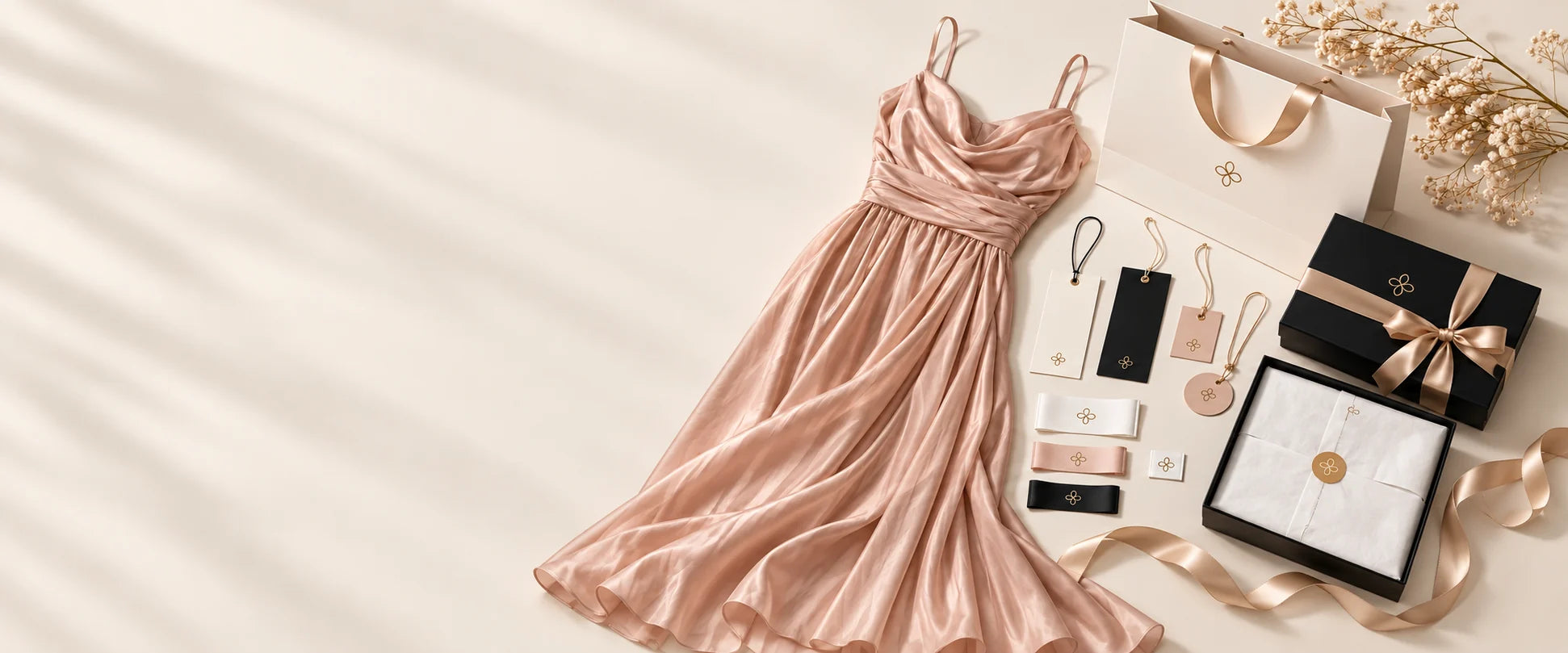 Occasion dress with coordinated private labels, hang tags and premium packaging
